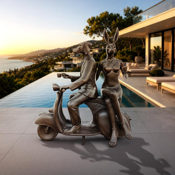 Rabbitwoman and Dogman Loved Their Vespa (Bronze Sculpture, Mid-Size)