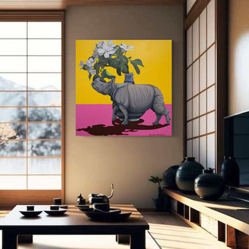 Rhino and Flowers, white (Original Painting)