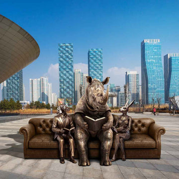 Rhino and Friends Reading Couch (Bronze Sculpture)