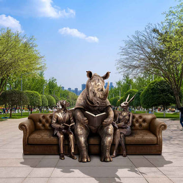 Rhino and Friends Reading Couch (Bronze Sculpture)