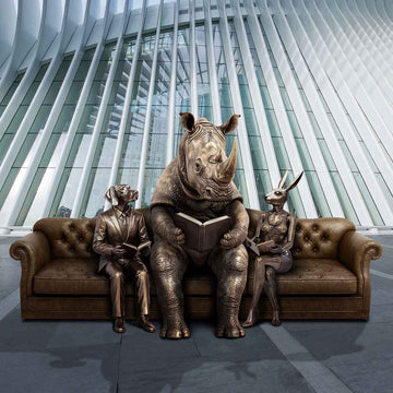 Rhino and Friends Reading Couch (Bronze Sculpture)