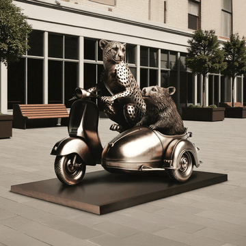 The Amur Leopard and Hairy Nosed Wombat Race in the Vespa Side Car (Bronze Sculpture)