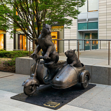 The Amur Leopard and Hairy Nosed Wombat Race in the Vespa Side Car (Bronze Sculpture)