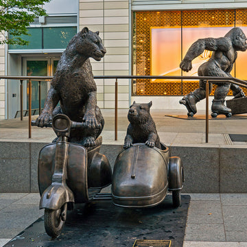 The Amur Leopard and Hairy Nosed Wombat Race in the Vespa Side Car (Bronze Sculpture)
