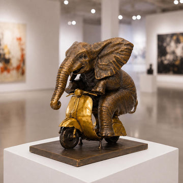 The African Elephant Races Against Time on the Vespa (Bronze Sculpture, Small)