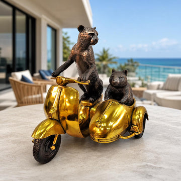 The Cheetah and Hairy Nosed Wombat Race Against Time in the Vespa Side Car (Bronze Sculpture, Small)