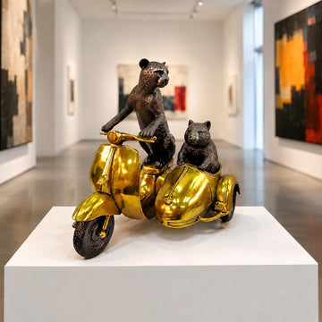 The Cheetah and Hairy Nosed Wombat Race Against Time in the Vespa Side Car (Bronze Sculpture, Small)