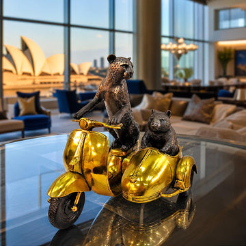The Cheetah and Hairy Nosed Wombat Race Against Time in the Vespa Side Car (Bronze Sculpture, Small)