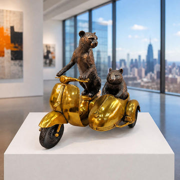 The Cheetah and Hairy Nosed Wombat Race Against Time in the Vespa Side Car (Bronze Sculpture, Small)