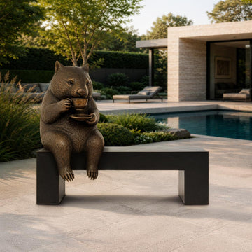 Wombat Saved You a Seat, Enjoying a Perfect Cup of Tea (Bronze Sculpture)