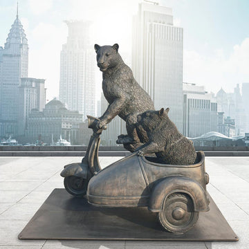 The Amur Leopard and Hairy Nosed Wombat Race in the Vespa Side Car (Bronze Sculpture)