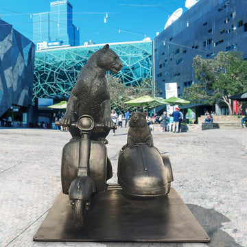 The Amur Leopard and Hairy Nosed Wombat Race in the Vespa Side Car (Bronze Sculpture)