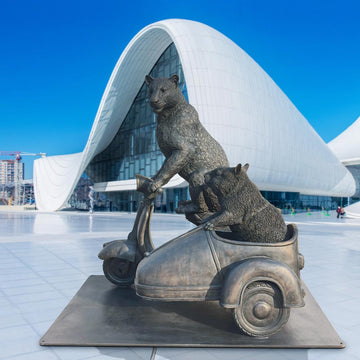 The Amur Leopard and Hairy Nosed Wombat Race in the Vespa Side Car (Bronze Sculpture)