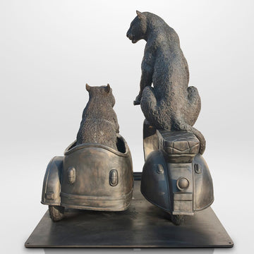 The Amur Leopard and Hairy Nosed Wombat Race in the Vespa Side Car (Bronze Sculpture)