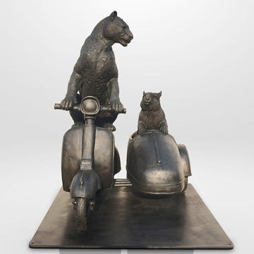 The Amur Leopard and Hairy Nosed Wombat Race in the Vespa Side Car (Bronze Sculpture)