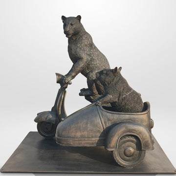 The Amur Leopard and Hairy Nosed Wombat Race in the Vespa Side Car (Bronze Sculpture)