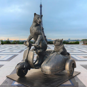 The Amur Leopard and Hairy Nosed Wombat Race in the Vespa Side Car (Bronze Sculpture)