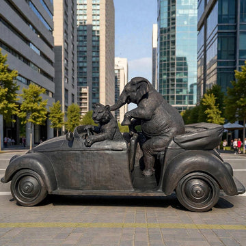 The Bengal Tiger and Sumatran Elephant Race in the Beatle (Bronze Sculpture)