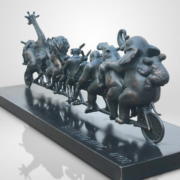 Dogman with Rabbitwoman on a the Biggest Ride of All (Bronze Sculpture)