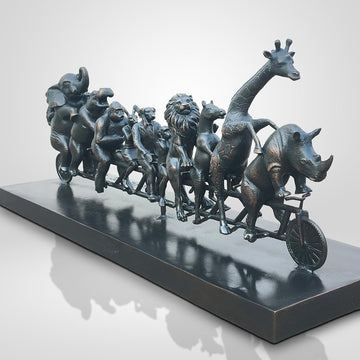 Dogman with Rabbitwoman on a the Biggest Ride of All (Bronze Sculpture)