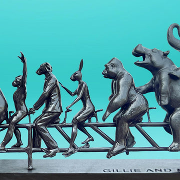 Dogman with Rabbitwoman on a Big Wild Ride (Bronze Sculpture)