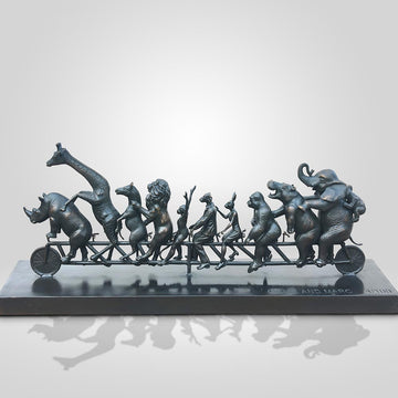 Dogman with Rabbitwoman on a the Biggest Ride of All (Bronze Sculpture)