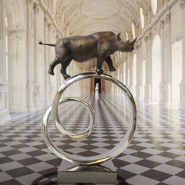 Black Rhino Goes Round A Big World (Bronze Sculpture)
