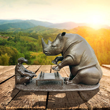 The White Rhino with Dogman Planned Their Next Move (Bronze Sculpture)