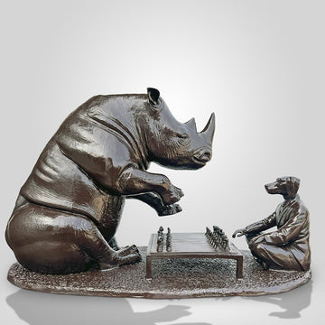 The White Rhino with Dogman Planned Their Next Move (Bronze Sculpture)