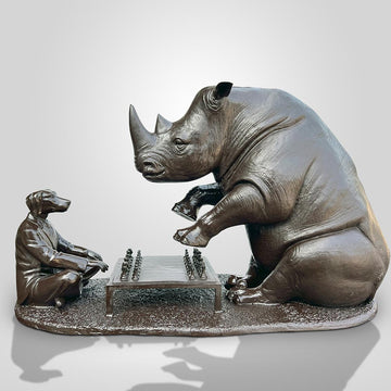 The White Rhino with Dogman Planned Their Next Move (Bronze Sculpture)