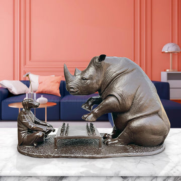 The White Rhino with Dogman Planned Their Next Move (Bronze Sculpture)