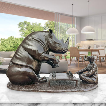 The White Rhino with Dogman Planned Their Next Move (Bronze Sculpture)