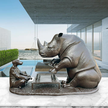 The White Rhino with Dogman Planned Their Next Move (Bronze Sculpture)