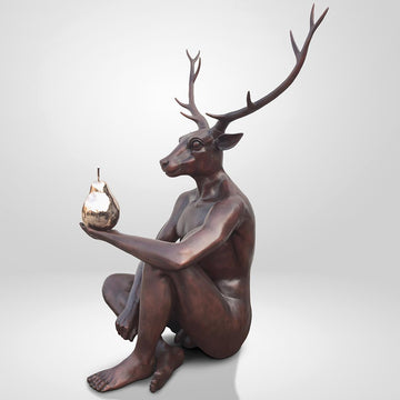 Deerman Loves His Pear (Bronze Sculpture)