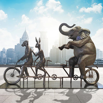 The African Elephant Was on a Wild Ride to a Safer Place with Rabbitwoman and Dogman (Bronze Sculpture)