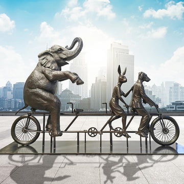 The African Elephant Was on a Wild Ride to a Safer Place with Rabbitwoman and Dogman (Bronze Sculpture)