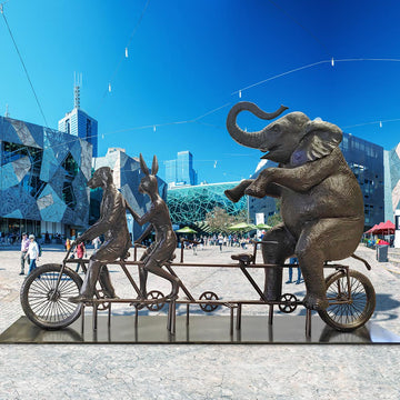 The African Elephant Was on a Wild Ride to a Safer Place with Rabbitwoman and Dogman (Bronze Sculpture)