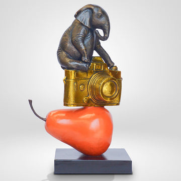 The Elephant Loved His Camera and Pear (Bronze Sculpture)