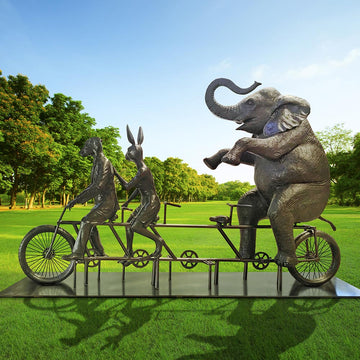 The African Elephant Was on a Wild Ride to a Safer Place with Rabbitwoman and Dogman (Bronze Sculpture)