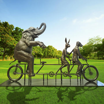 The African Elephant Was on a Wild Ride to a Safer Place with Rabbitwoman and Dogman (Bronze Sculpture)