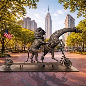 The Masai Giraffe and Lion Race on the Scooter (Bronze Sculpture)