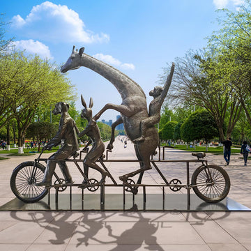 The Giraffe and Chimpanzee Were on a Wild Ride to a Safer Place with Rabbitwoman and Dogman (Bronze Sculpture)