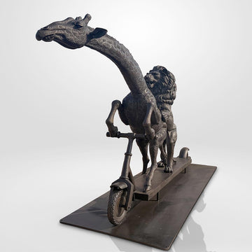The Masai Giraffe and Lion Race on the Scooter (Bronze Sculpture)