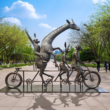 The Giraffe and Chimpanzee Were on a Wild Ride to a Safer Place with Rabbitwoman and Dogman (Bronze Sculpture)