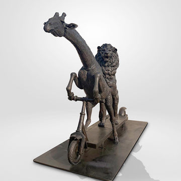 The Masai Giraffe and Lion Race on the Scooter (Bronze Sculpture)