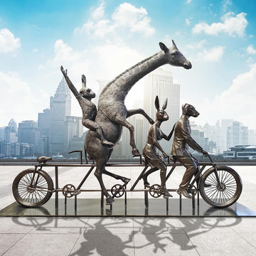 The Giraffe and Chimpanzee Were on a Wild Ride to a Safer Place with Rabbitwoman and Dogman (Bronze Sculpture)