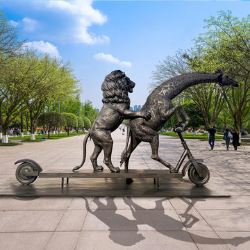 The Masai Giraffe and Lion Race on the Scooter (Bronze Sculpture)