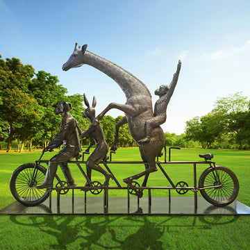 The Giraffe and Chimpanzee Were on a Wild Ride to a Safer Place with Rabbitwoman and Dogman (Bronze Sculpture)