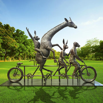 The Giraffe and Chimpanzee Were on a Wild Ride to a Safer Place with Rabbitwoman and Dogman (Bronze Sculpture)