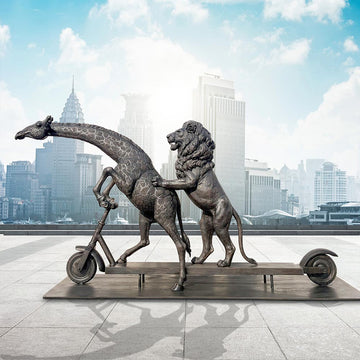The Masai Giraffe and Lion Race on the Scooter (Bronze Sculpture)